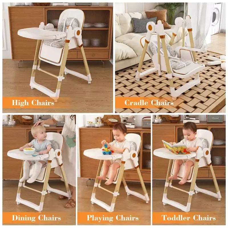 Chaise Haute Bébé/Transat Convertible JVNOXK, Pliable avec Harnais à 5 Points, Dotée de Roues Verrouillables Silencieuses et d'un Double Plateau Amovible, Blanc
