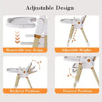 Chaise Haute Bébé/Transat Convertible JVNOXK, Pliable avec Harnais à 5 Points, Dotée de Roues Verrouillables Silencieuses et d'un Double Plateau Amovible, Blanc