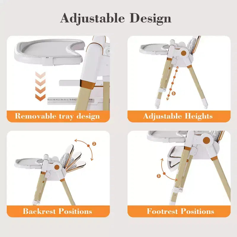 Chaise Haute Bébé/Transat Convertible JVNOXK, Pliable avec Harnais à 5 Points, Dotée de Roues Verrouillables Silencieuses et d'un Double Plateau Amovible, Blanc