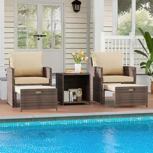 5-Piece PE Wicker Patio Conversation Set  2 Lounge Chairs with Ottomans, Coffee Table & Cushions for Porch, Balcony or Deck