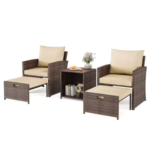 Salon de jardin 5 pièces en résine tressée – 2 fauteuils de salon avec poufs, table basse et coussins pour véranda, balcon ou terrasse