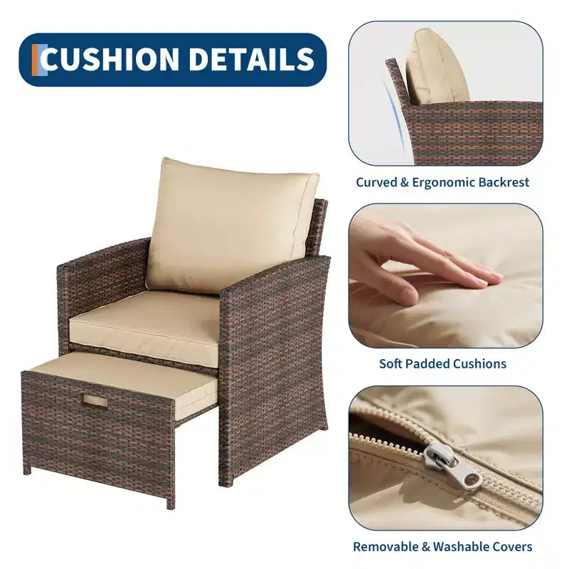 Salon de jardin 5 pièces en résine tressée – 2 fauteuils de salon avec poufs, table basse et coussins pour véranda, balcon ou terrasse