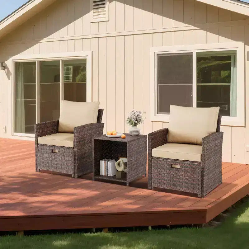 Salon de jardin 5 pièces en résine tressée – 2 fauteuils de salon avec poufs, table basse et coussins pour véranda, balcon ou terrasse