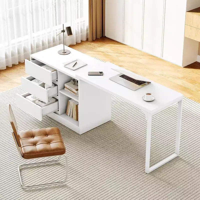 Bureau informatique Lantine de 70 pouces avec tiroirs, bureau mobile en L avec rangement, pour bureau à domicile, jeux, interchangeable gauche et droite (blanc)
