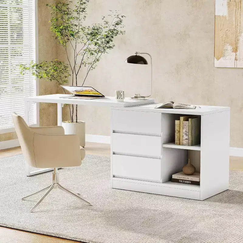 Bureau informatique Lantine de 70 pouces avec tiroirs, bureau mobile en L avec rangement, pour bureau à domicile, jeux, interchangeable gauche et droite (blanc)