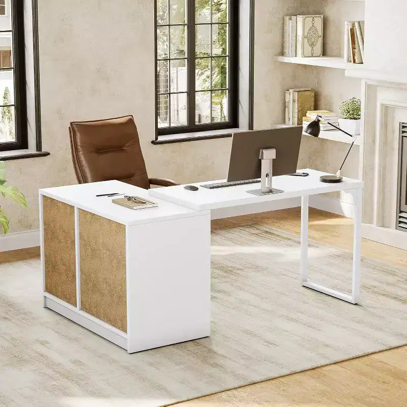 Bureau informatique Lantine de 70 pouces avec tiroirs, bureau mobile en L avec rangement, pour bureau à domicile, jeux, interchangeable gauche et droite (blanc)