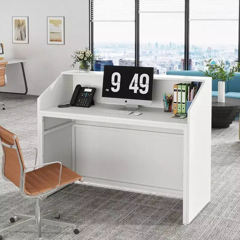 Comptoir de réception Lantine de 120 cm avec guichet, bureau d'accueil moderne avec passe-câbles pour caisse, hall, salon de beauté, bureau à domicile, blanc