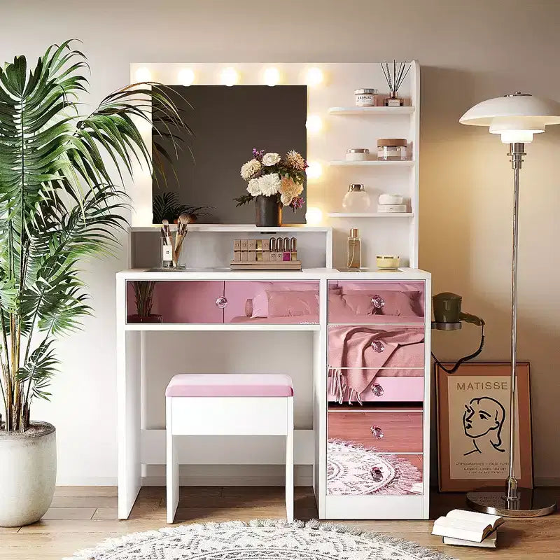 GDFStudio Madison Modern Glass-Top Wood Makeup Vanity Desk Set with Storage Stool, LED Lighted Mirror, Drawers and Charging Station