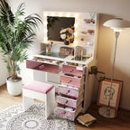 Ensemble de coiffeuse GDFStudio Madison moderne en bois avec plateau en verre, tabouret de rangement, miroir lumineux à LED, tiroirs et station de charge