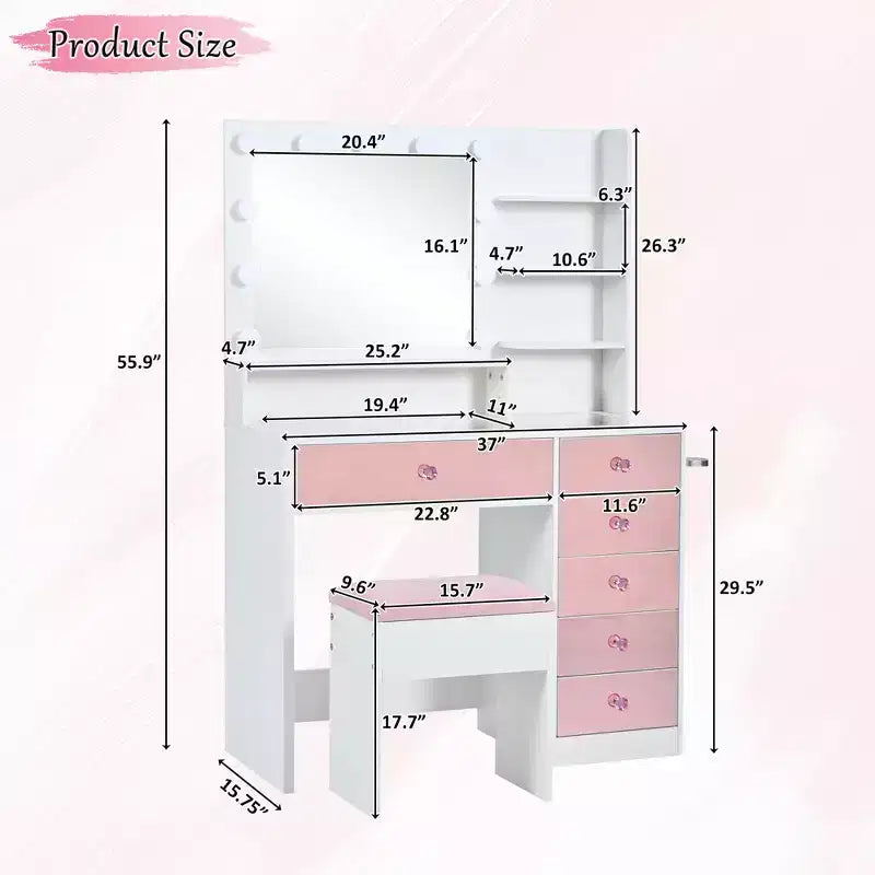 Ensemble de coiffeuse GDFStudio Madison moderne en bois avec plateau en verre, tabouret de rangement, miroir lumineux à LED, tiroirs et station de charge