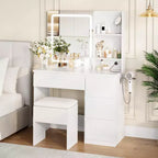 Coiffeuse avec miroir et lumières - Table de maquillage moderne avec prises, tabouret de rangement, miroir de courtoisie LED, vanités pour chambre à coucher