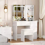 Coiffeuse avec miroir et lumières - Table de maquillage moderne avec prises, tabouret de rangement, miroir de courtoisie LED, vanités pour chambre à coucher