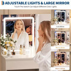 Coiffeuse avec miroir et lumières - Table de maquillage moderne avec prises, tabouret de rangement, miroir de courtoisie LED, vanités pour chambre à coucher