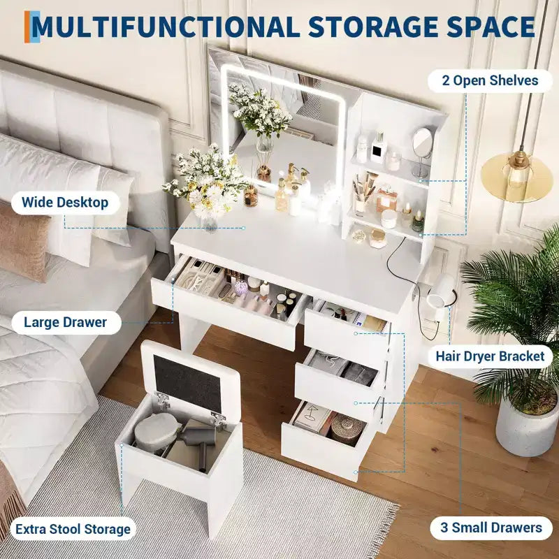 Coiffeuse avec miroir et lumières - Table de maquillage moderne avec prises, tabouret de rangement, miroir de courtoisie LED, vanités pour chambre à coucher
