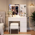 Coiffeuse avec miroir et lumières - Table de maquillage moderne avec prises, tabouret de rangement, miroir de courtoisie LED, vanités pour chambre à coucher