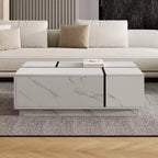 Une table basse rectangulaire à plateau coulissant avec 2 tiroirs et 2 espaces de rangement cachés, adaptée au salon