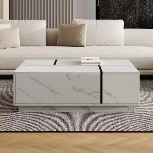 Une table basse rectangulaire à plateau coulissant avec 2 tiroirs et 2 espaces de rangement cachés, adaptée au salon