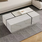 Une table basse rectangulaire à plateau coulissant avec 2 tiroirs et 2 espaces de rangement cachés, adaptée au salon