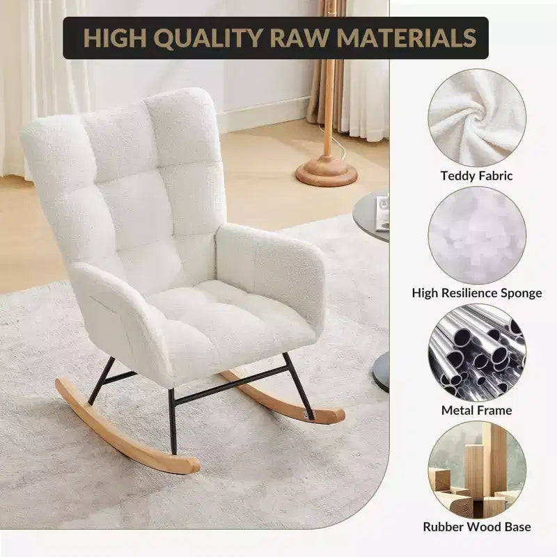 Fauteuil à bascule pour chambre d'enfant, dossier haut, accoudoirs et poches latérales, fauteuil d'appoint moderne et confortable pour chambre à coucher, salon