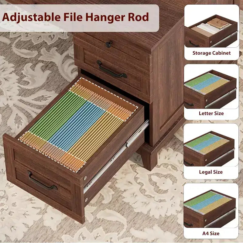 Bureau de direction avec tiroirs, bureau d'ordinateur de style rustique avec station de charge, bureau d'ordinateur en bois de 136 cm avec rangement pour dossiers