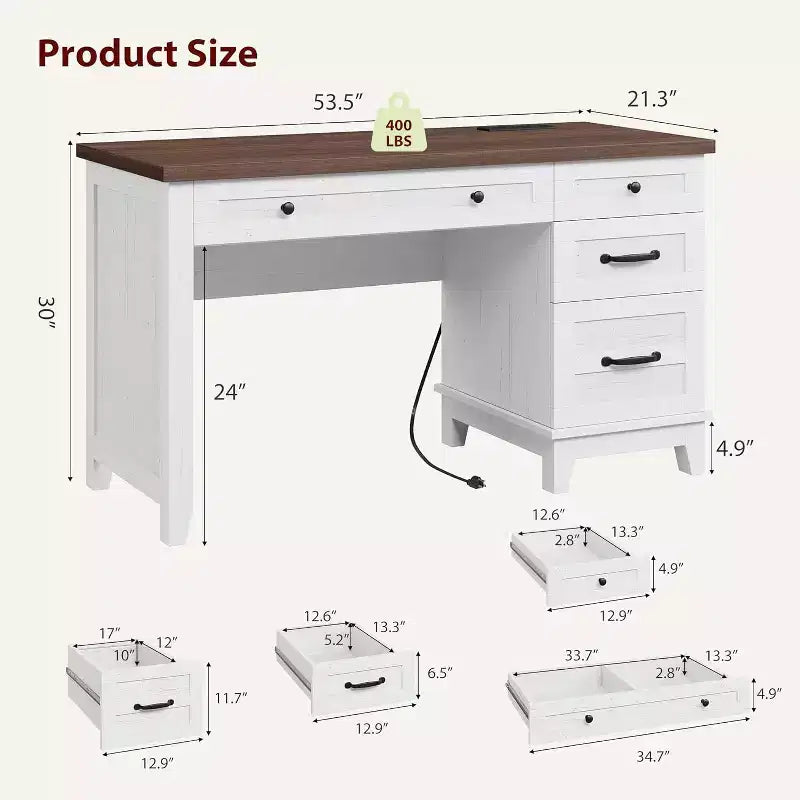 Bureau de direction avec tiroirs, bureau d'ordinateur de style rustique avec station de charge, bureau d'ordinateur en bois de 136 cm avec rangement pour dossiers