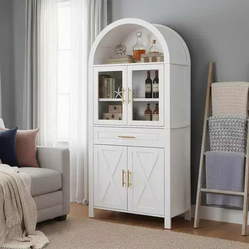 Meuble de Rangement de Cuisine sur Pied de 71 po avec Porte Vitrée, Style Ferme, Étagères Réglables, Design Porte de Grange, pour Cuisine, Salon, Salle à Manger