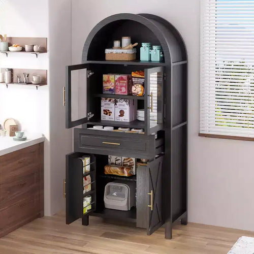 Meuble de Rangement de Cuisine sur Pied de 71 po avec Porte Vitrée, Style Ferme, Étagères Réglables, Design Porte de Grange, pour Cuisine, Salon, Salle à Manger