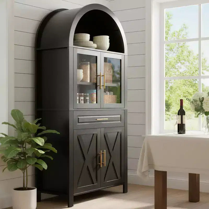 Meuble de Rangement de Cuisine sur Pied de 71 po avec Porte Vitrée, Style Ferme, Étagères Réglables, Design Porte de Grange, pour Cuisine, Salon, Salle à Manger