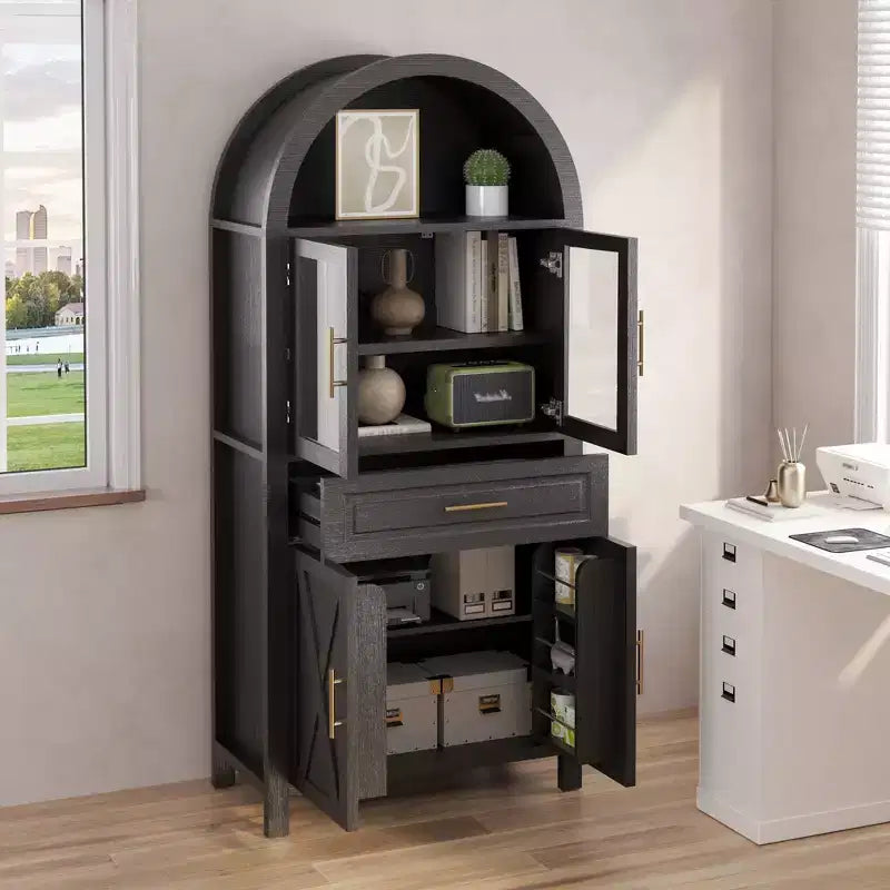 Meuble de Rangement de Cuisine sur Pied de 71 po avec Porte Vitrée, Style Ferme, Étagères Réglables, Design Porte de Grange, pour Cuisine, Salon, Salle à Manger