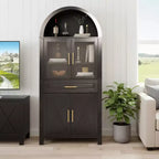 Meuble de Rangement de Cuisine sur Pied de 71 po avec Porte Vitrée, Style Ferme, Étagères Réglables, Design Porte de Grange, pour Cuisine, Salon, Salle à Manger