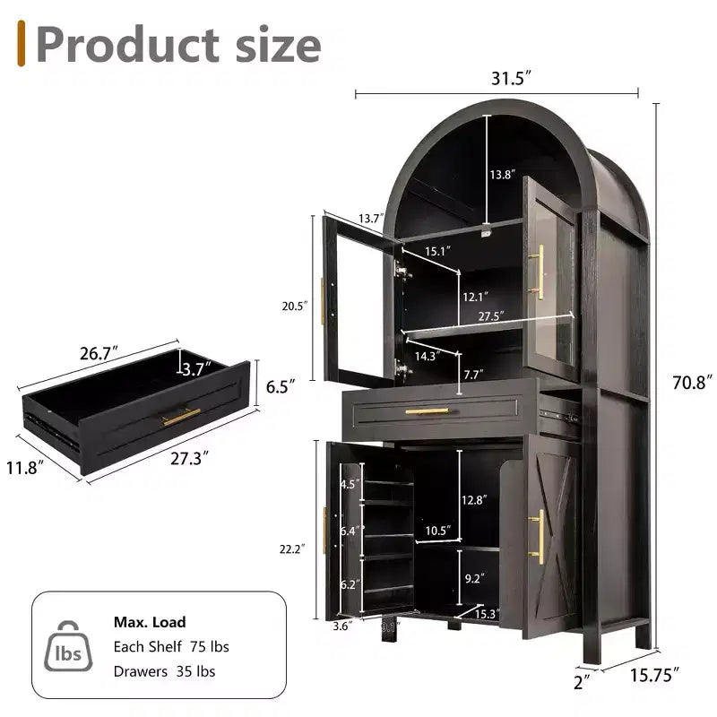 Meuble de Rangement de Cuisine sur Pied de 71 po avec Porte Vitrée, Style Ferme, Étagères Réglables, Design Porte de Grange, pour Cuisine, Salon, Salle à Manger
