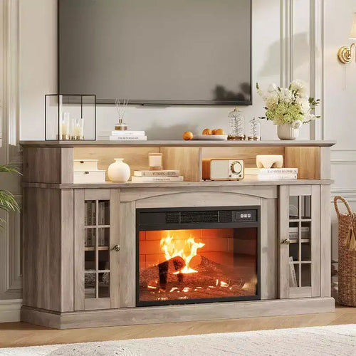 58 Modern TV Stand for 70'' TV - Glass Door Cabinet with Adjustable Shelf, Fits 23'' Electric Fireplace