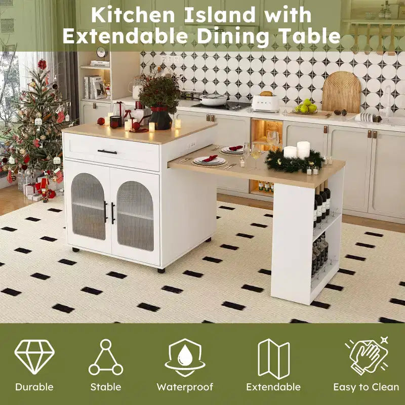 Îlot de cuisine avec table à manger, comptoir effet grain de bois avec prise de courant, desserte de rangement mobile avec armoire et 2 tiroirs, table de préparation de cuisine