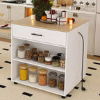 Îlot de cuisine avec table à manger, comptoir effet grain de bois avec prise de courant, desserte de rangement mobile avec armoire et 2 tiroirs, table de préparation de cuisine