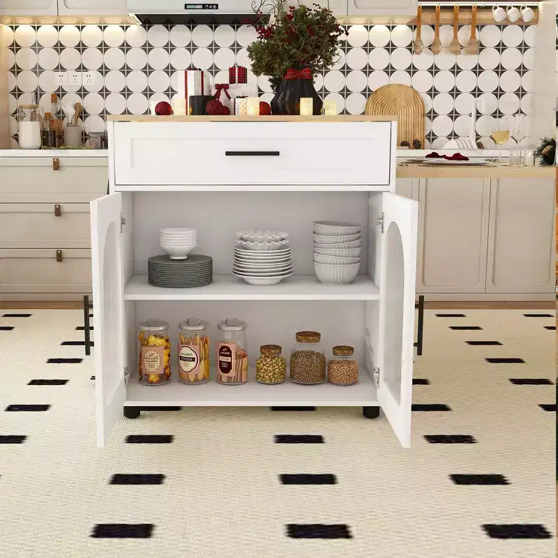 Îlot de cuisine avec table à manger, comptoir effet grain de bois avec prise de courant, desserte de rangement mobile avec armoire et 2 tiroirs, table de préparation de cuisine