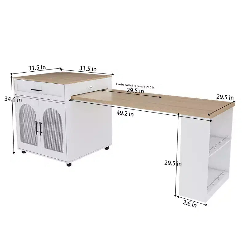 Îlot de cuisine avec table à manger, comptoir effet grain de bois avec prise de courant, desserte de rangement mobile avec armoire et 2 tiroirs, table de préparation de cuisine