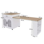 Îlot de cuisine avec table à manger, comptoir effet grain de bois avec prise de courant, desserte de rangement mobile avec armoire et 2 tiroirs, table de préparation de cuisine