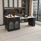 Îlot de cuisine avec table à manger, comptoir effet grain de bois avec prise de courant, desserte de rangement mobile avec armoire et 2 tiroirs, table de préparation de cuisine