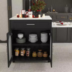 Îlot de cuisine avec table à manger, comptoir effet grain de bois avec prise de courant, desserte de rangement mobile avec armoire et 2 tiroirs, table de préparation de cuisine