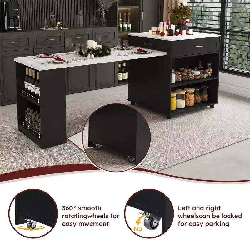 Îlot de cuisine avec table à manger, comptoir effet grain de bois avec prise de courant, desserte de rangement mobile avec armoire et 2 tiroirs, table de préparation de cuisine
