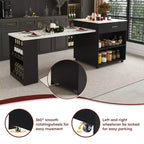 Îlot de cuisine avec table à manger, comptoir effet grain de bois avec prise de courant, desserte de rangement mobile avec armoire et 2 tiroirs, table de préparation de cuisine