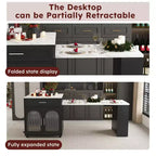 Îlot de cuisine avec table à manger, comptoir effet grain de bois avec prise de courant, desserte de rangement mobile avec armoire et 2 tiroirs, table de préparation de cuisine