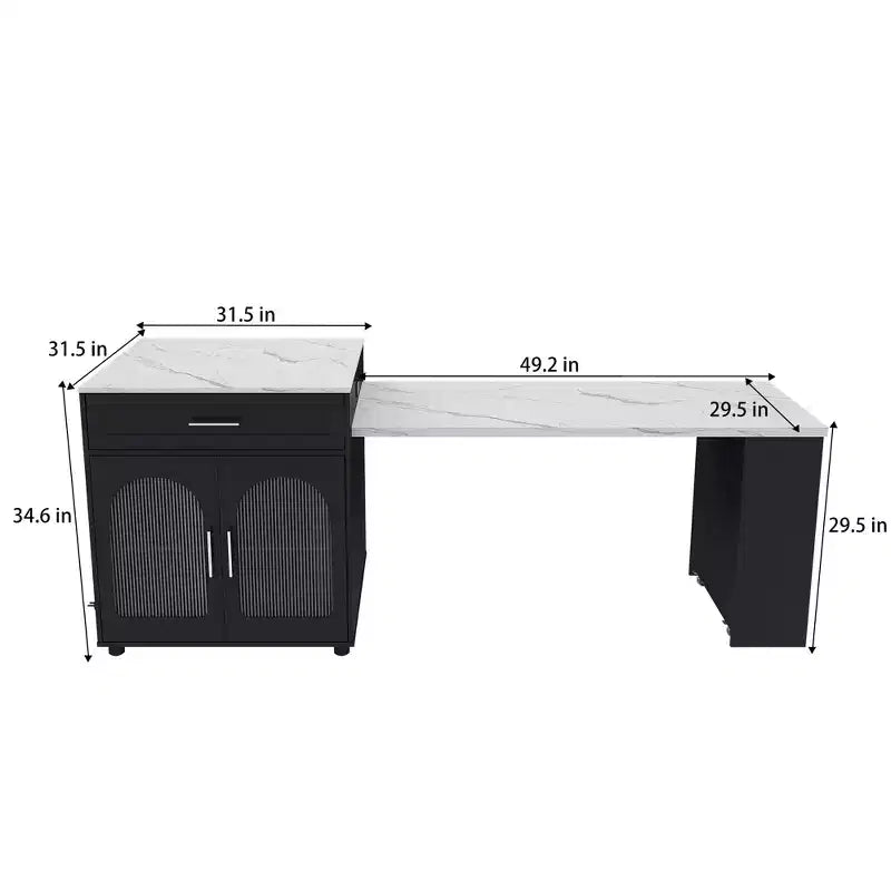 Îlot de cuisine avec table à manger, comptoir effet grain de bois avec prise de courant, desserte de rangement mobile avec armoire et 2 tiroirs, table de préparation de cuisine