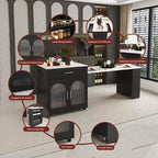 Îlot de cuisine avec table à manger, comptoir effet grain de bois avec prise de courant, desserte de rangement mobile avec armoire et 2 tiroirs, table de préparation de cuisine