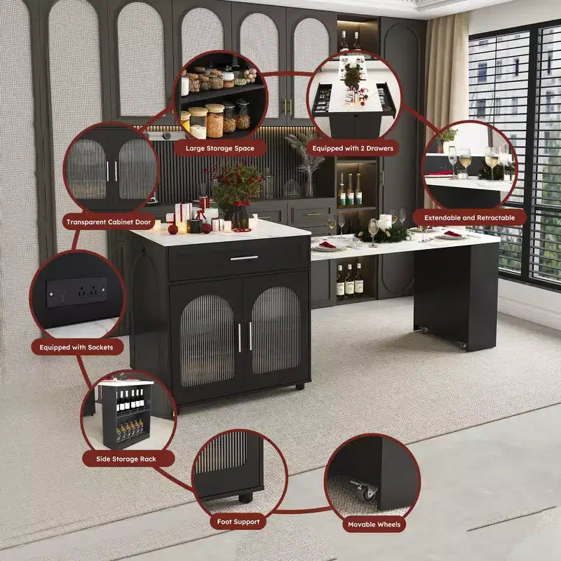 Îlot de cuisine avec table à manger, comptoir effet grain de bois avec prise de courant, desserte de rangement mobile avec armoire et 2 tiroirs, table de préparation de cuisine