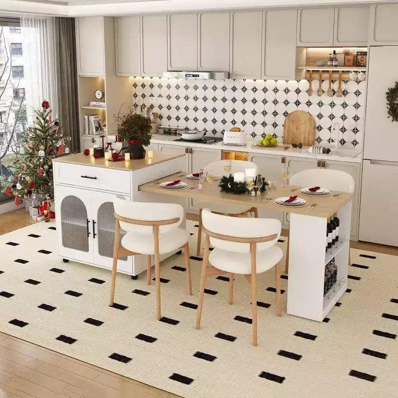 Îlot de cuisine avec table à manger, comptoir effet grain de bois avec prise de courant, desserte de rangement mobile avec armoire et 2 tiroirs, table de préparation de cuisine