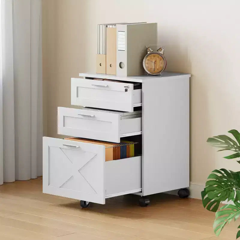 Classeur en bois sécurisé à 3 tiroirs verrouillables C Rangement mobile sous le bureau à roulettes Compatible Lettre/Legal/A4