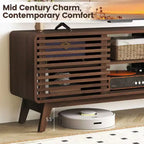 Meuble TV Costway avec portes coulissantes, étagères réglables et pieds en bois d'hévéa, pour téléviseurs jusqu'à 65 pouces