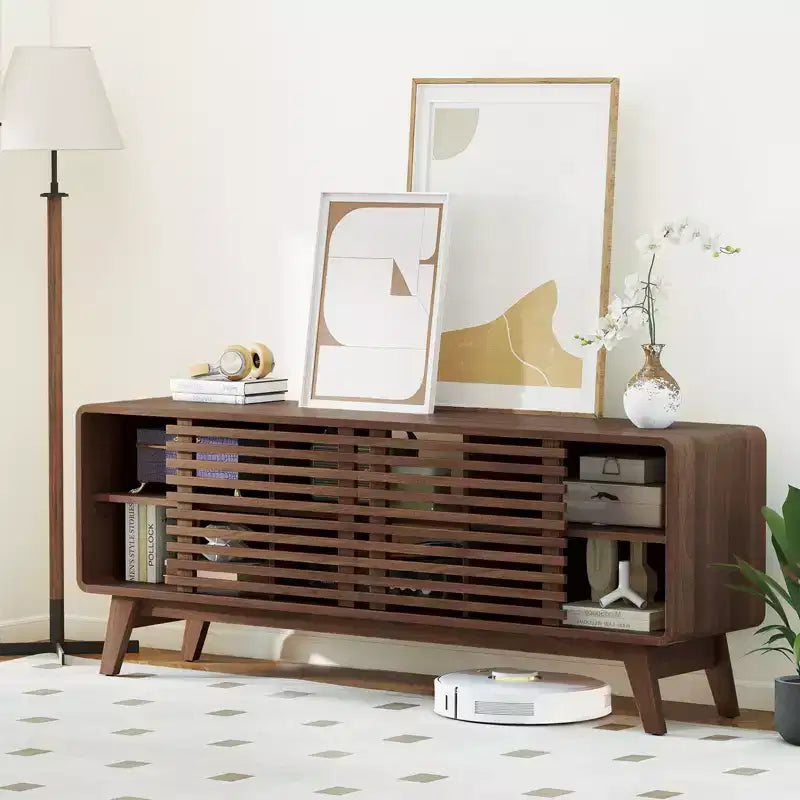 Meuble TV Costway avec portes coulissantes, étagères réglables et pieds en bois d'hévéa, pour téléviseurs jusqu'à 65 pouces