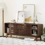 Meuble TV Costway avec portes coulissantes, étagères réglables et pieds en bois d'hévéa, pour téléviseurs jusqu'à 65 pouces